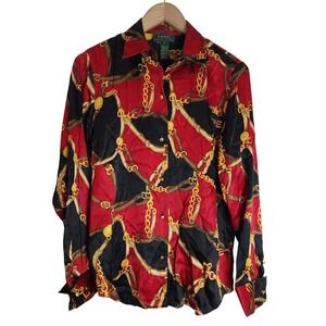 Lauren Ralph‎ Lauren Button Up Women's Small Equestrian Long Sleeve Silk Black